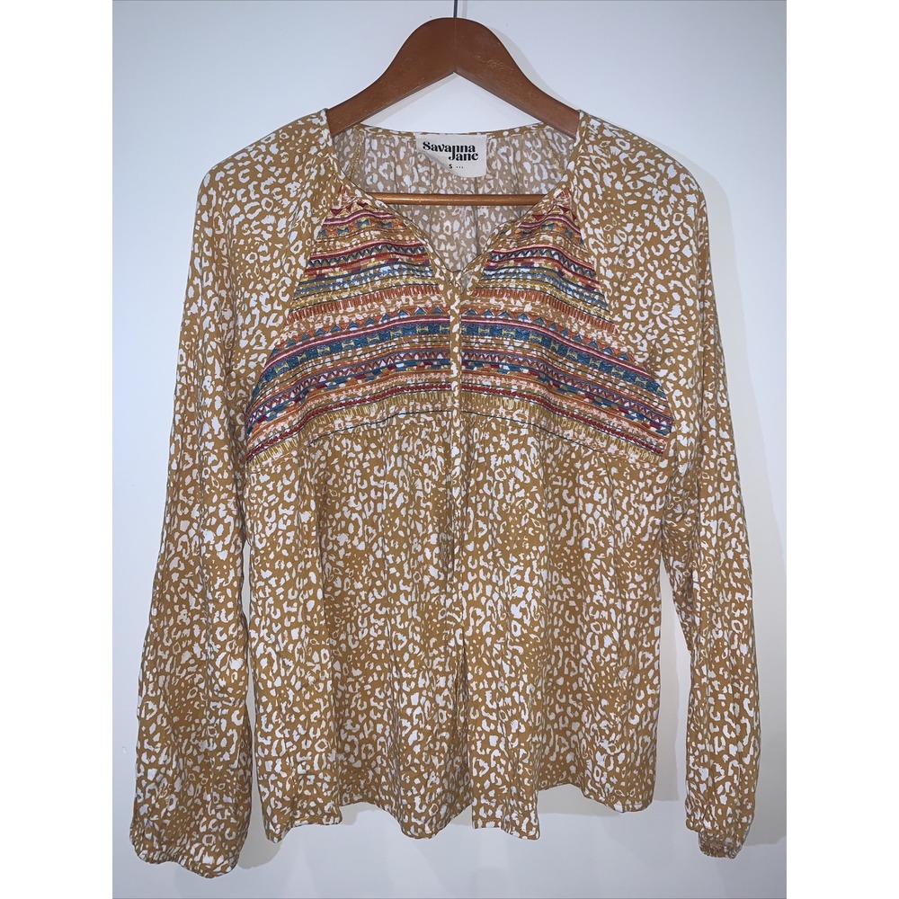 Savanna Jane Top Womens Small Leopard Embroidered Boho Hippie Festival‎